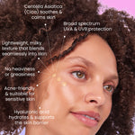 Woman applying a skincare product with text highlighting its benefits on a pink background