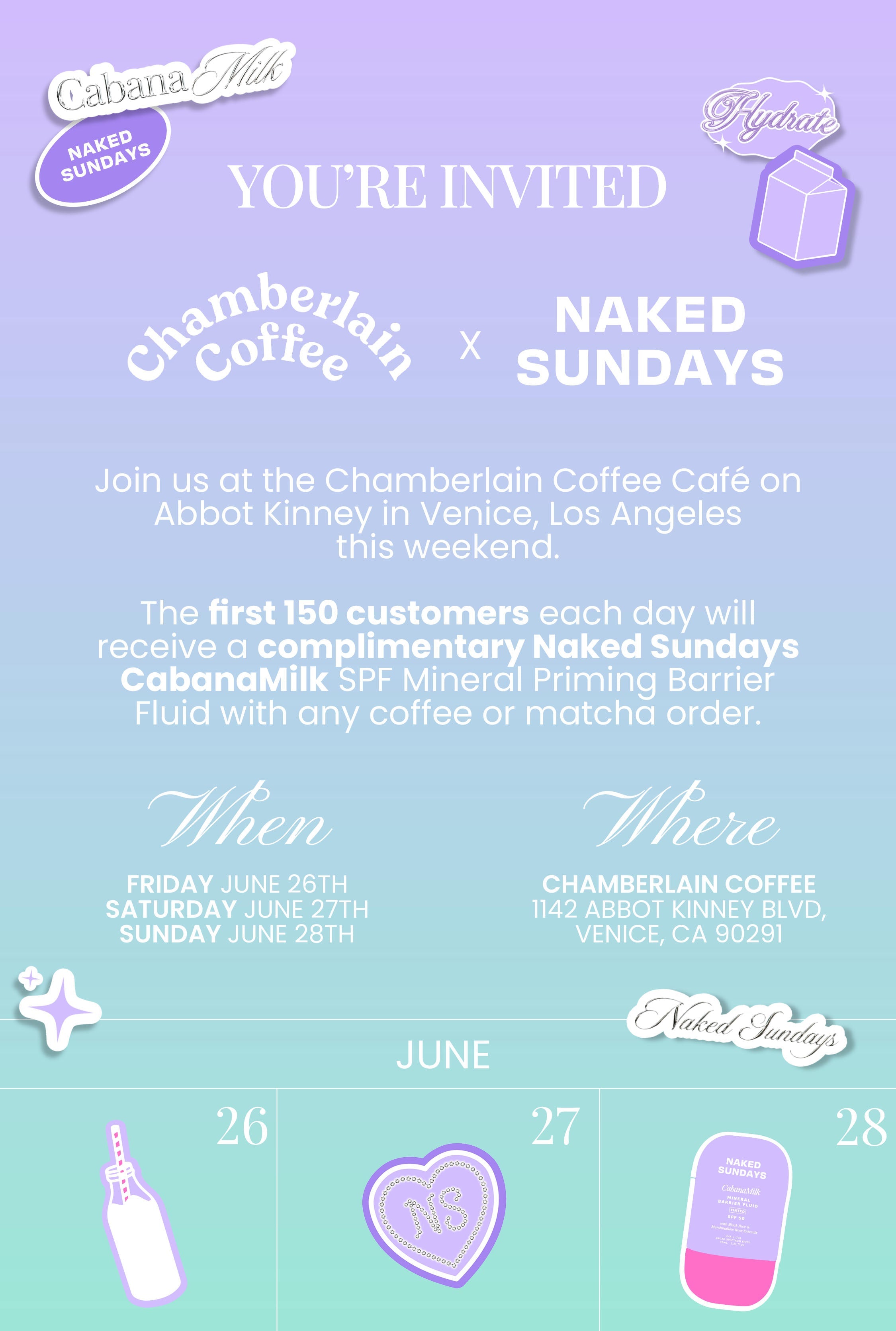 Promotional flyer for Chamberlain Coffee and Naked Sundays event at Abbot Kinney, Los Angeles.
