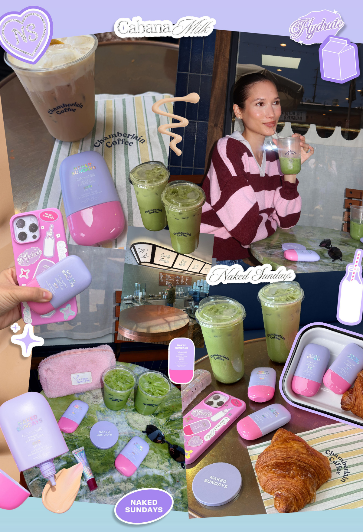 Collage of a woman enjoying a smoothie, phone cases, and other products with a focus on Naked Sundays CabanaMilk Mineral Priming Fluid SPF50.