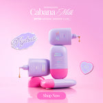 SPF bottles with pink and purple design on a pink background, featuring 'CabanaMilk' product