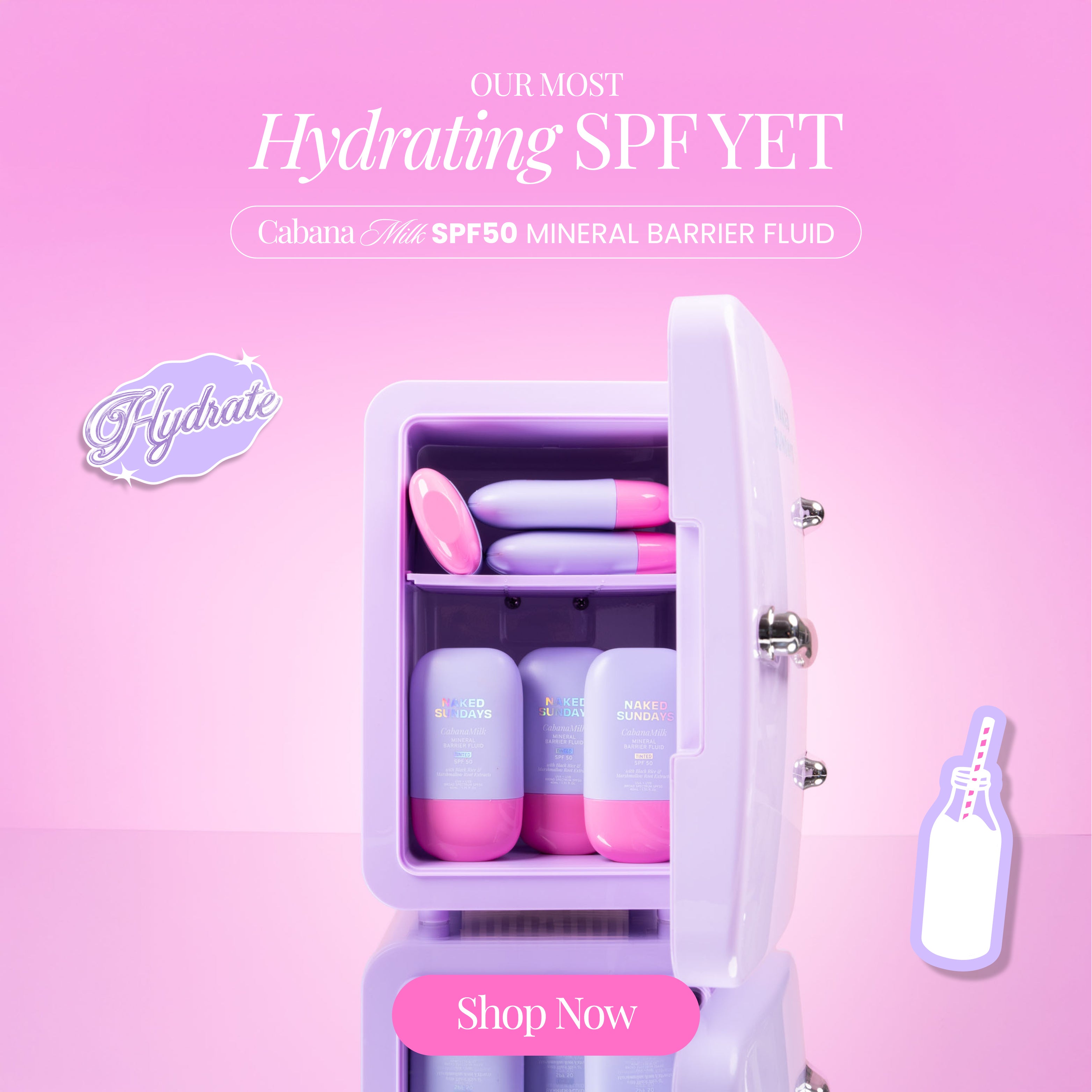 Mini refrigerator with skincare products on a pink background, promoting a hydrating SPF fluid.