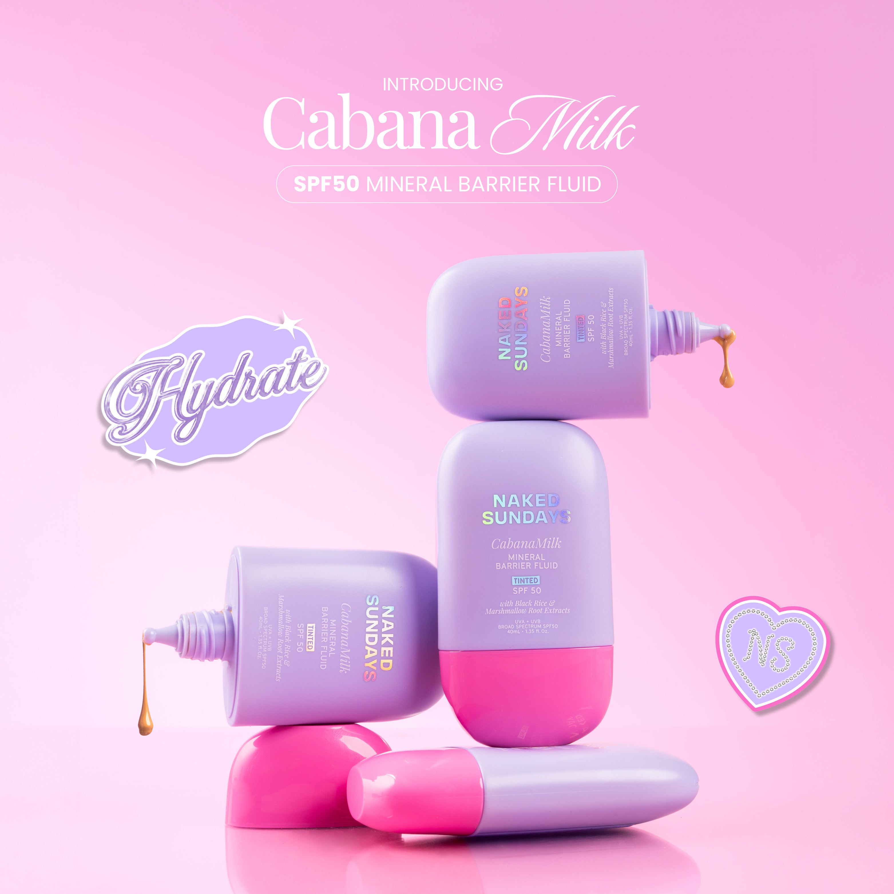 Cabana Milk SPF50 mineral barrier fluid bottles on a pink background with 'Hydrate' text