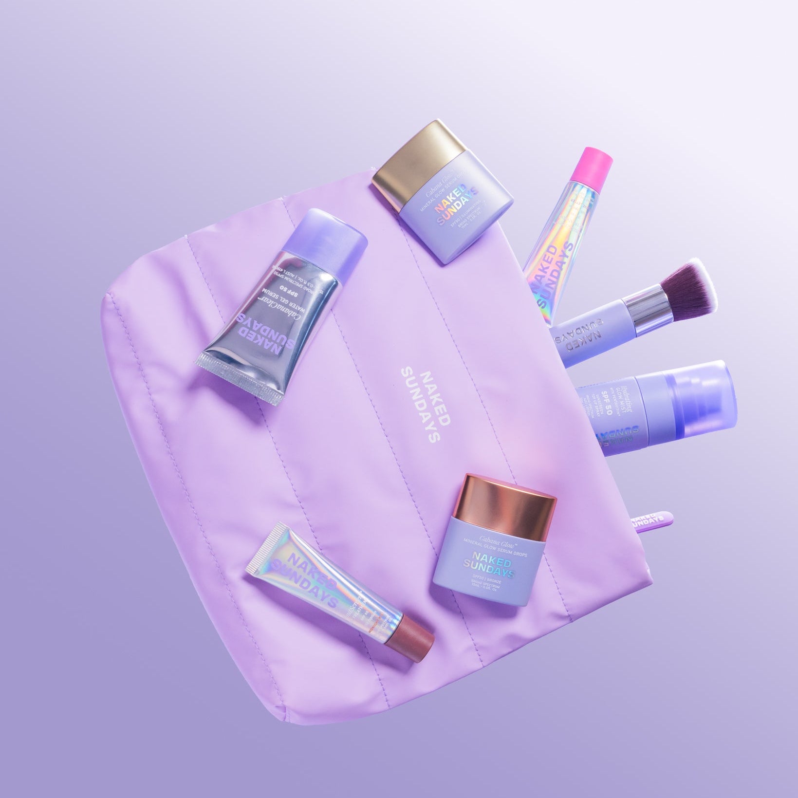 A lavender zippered cosmetic bag floating on a matching lavender gradient background, surrounded by assorted beauty products including tubes, jars, and brushes