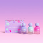 Naked Sundays Vacay Fragrance Set with three colorful perfume bottles and a matching illustrated gift box
