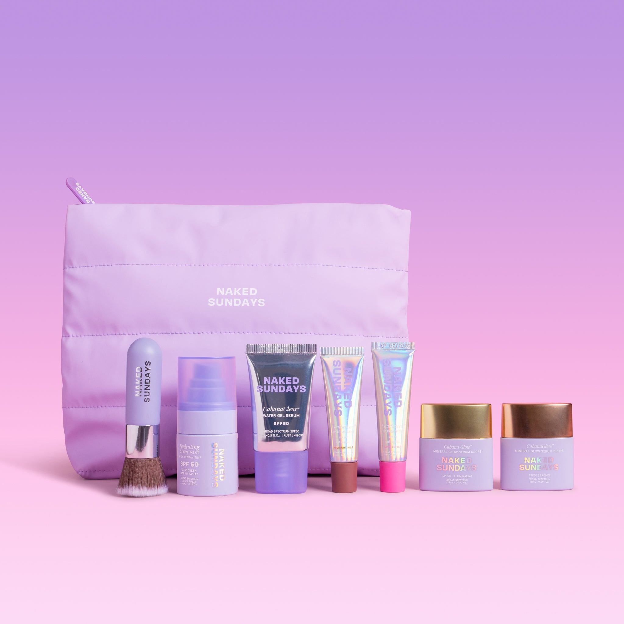 A set of NAKED SUNDAYS makeup items arranged in front of a lavender zip pouch on a pink to purple gradient background