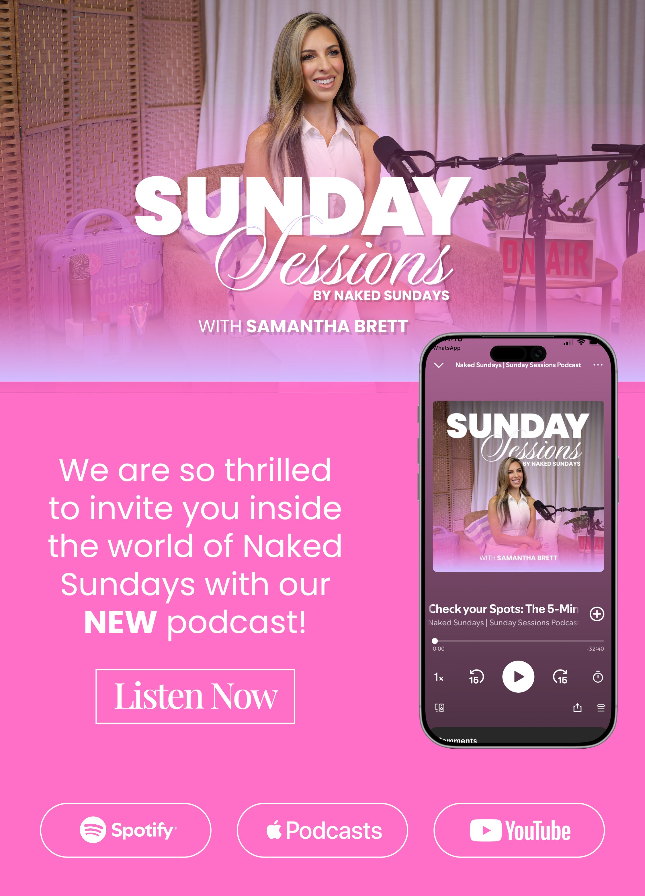 Promotional graphic for 'Sunday Sessions' with Samantha Brett, featuring a woman speaking into a microphone and a smartphone displaying the podcast app.