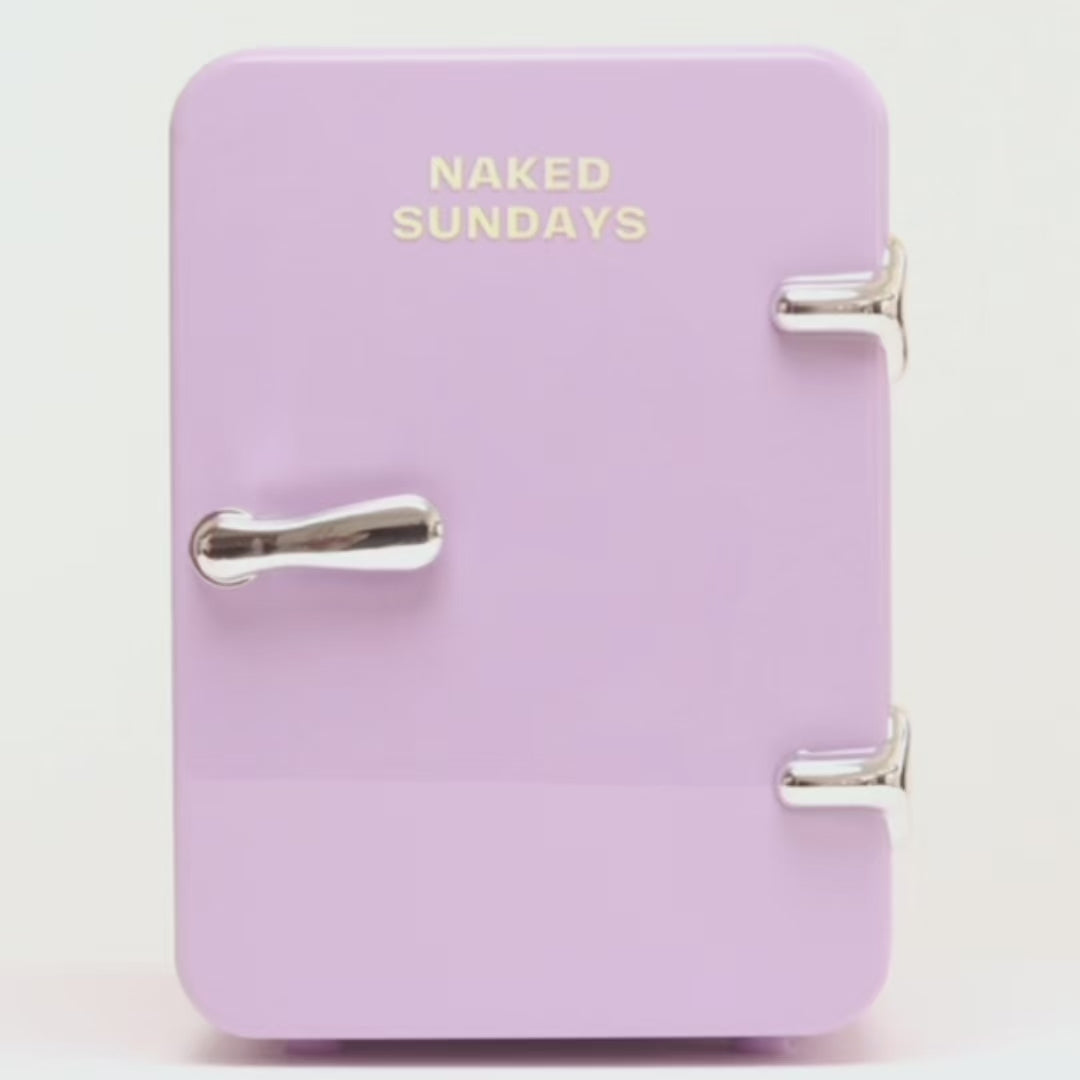 Clip of a woman opening a cosmetics fridge with Naked Sundays products in it