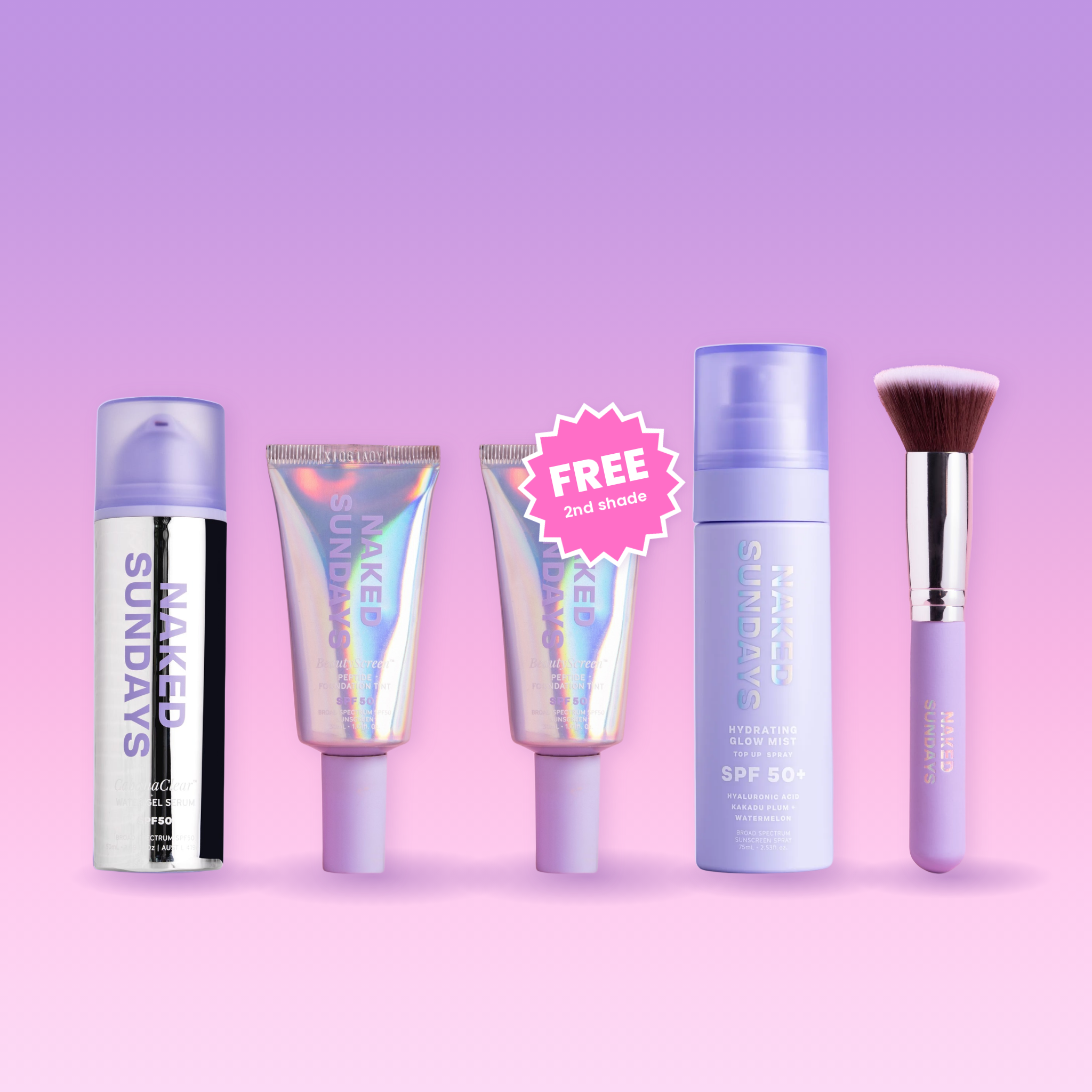 The BeautyScreen Routine Kit — CabanaClear Jumbo, two BeautyScreen SPF50 tints (second shade free), Glow Mist SPF50 and the SPF BFF Brush