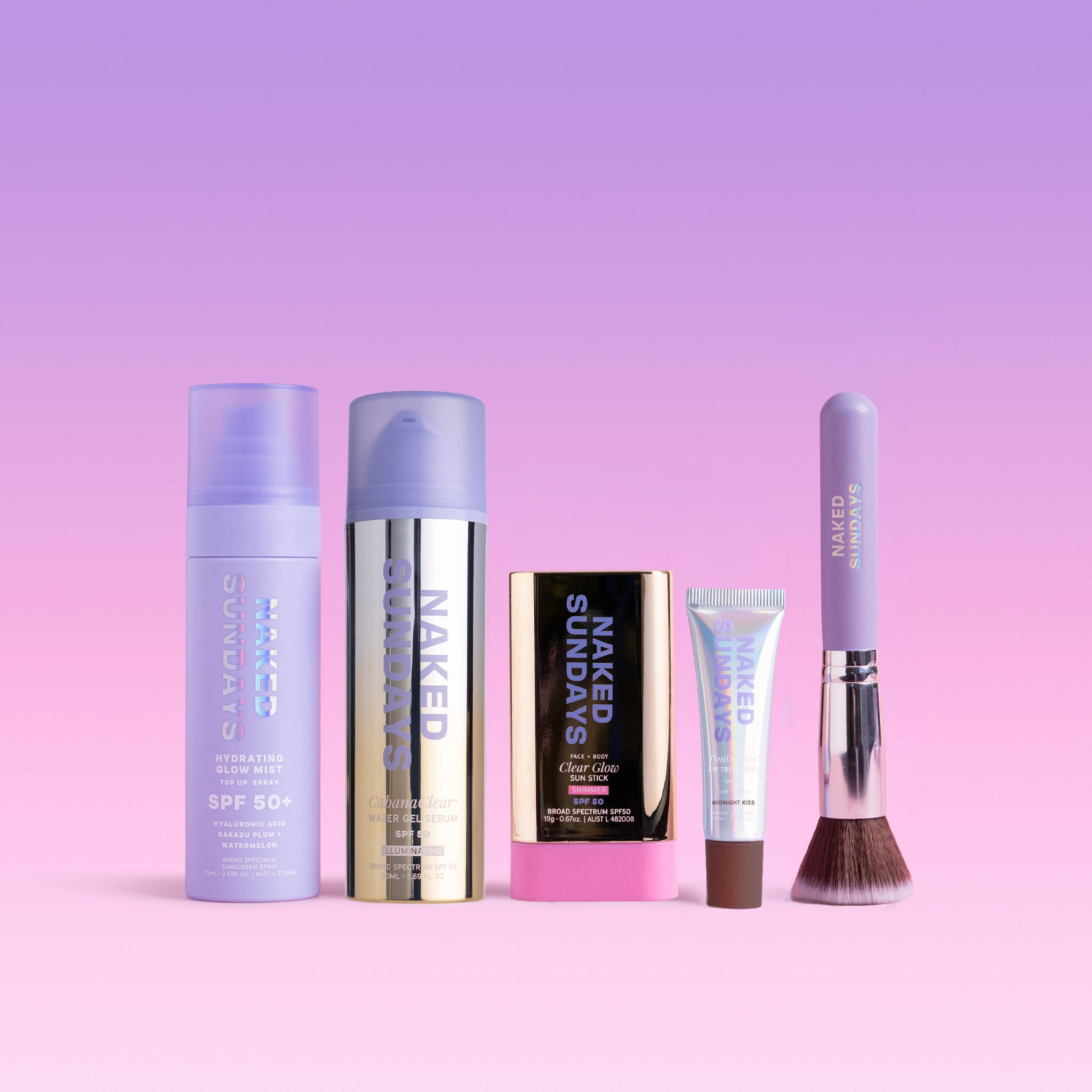 Naked Sundays SPF bundle featuring a mist, serum, sun stick, lip treatment, and makeup brush on a purple gradient background